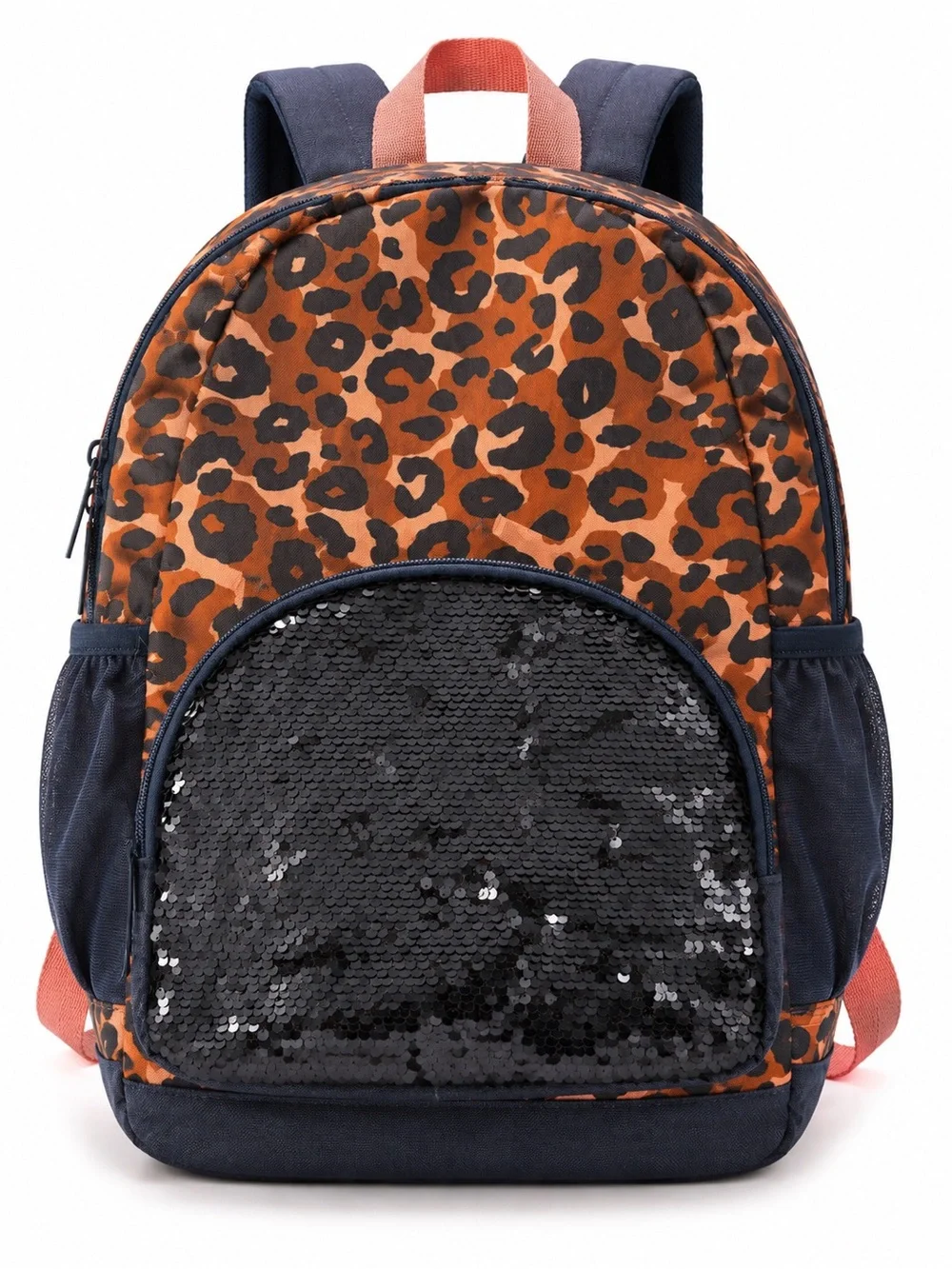 Leopard Print Backpack with Black Sequin Pocket